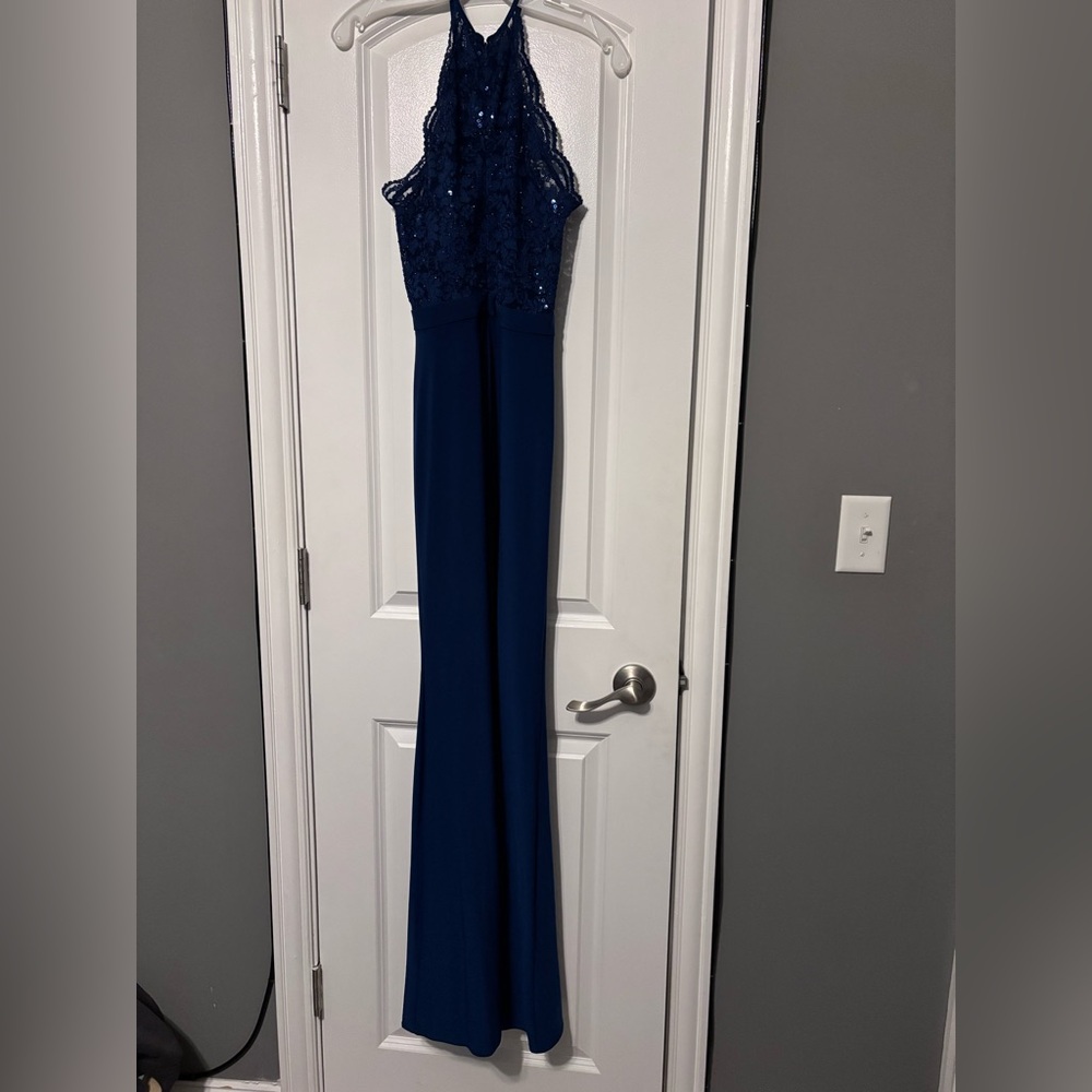 Morgan & Co Blue Sequin Halter Gown Prom Formal Dress Y2K Glam Size 3 - Picture 8 of 9